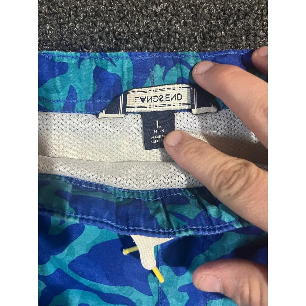 Lands End Boys Blue Shark Camo Swim Trunks Size L 14-16 Mesh‎ Lined Board Shorts